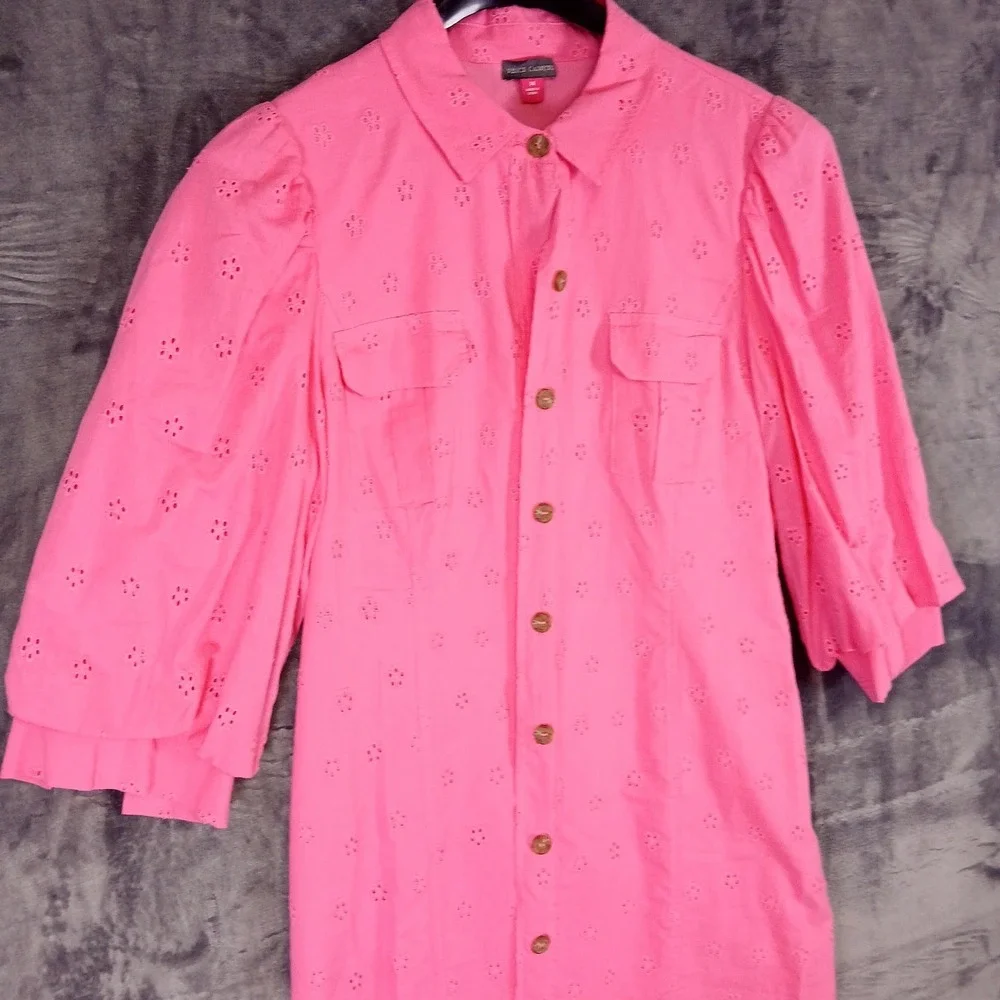 Vince Camuto Dress Womens 14 Pink Eyelet Button Front Cotton Shirt Puff Sleeve - Picture 5 of 11